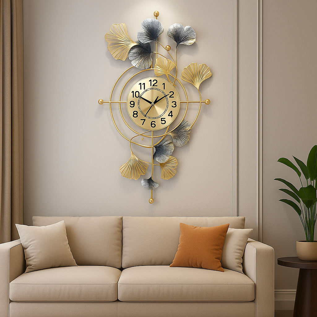 Luxury Vertical Ginkgo Leaf Metal Wall Clock – Gold & Silver Designer Wall Clock