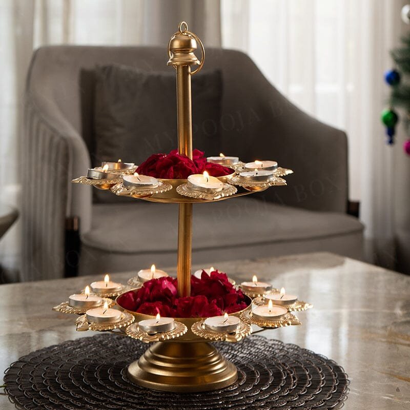 Luxury 2-Tier Metal Diya Stand with Tealight Holders | Multi-Layer Candle Stand for Diwali Decoration | Festive Table Centerpiece for Home, Wedding & Pooja
