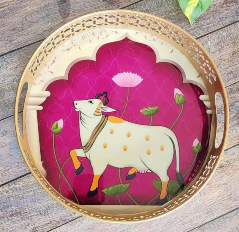 Decorative Wooden Serving Tray with Sacred Cow Artwork | Round Tea & Snack Tray with Handles | Traditional Home Decor & Festive Gifting Tray