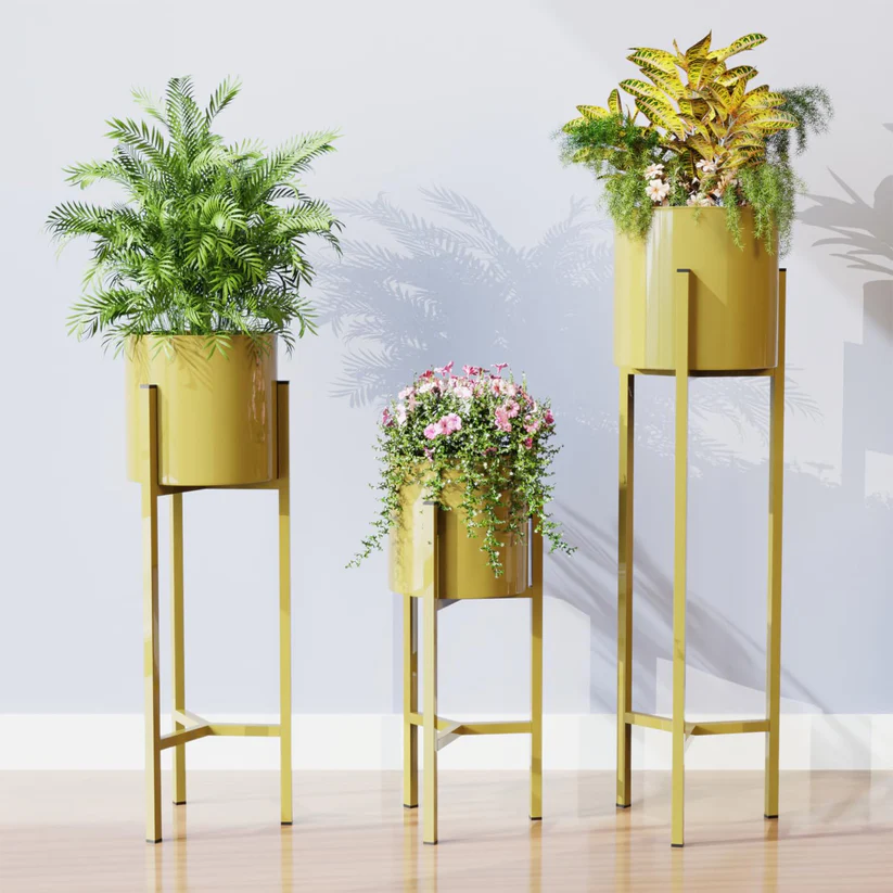 Luxury Glossy Gold Metal Plant Stand Set of 3 | Premium Indoor Planters for Living Room & Home Décor