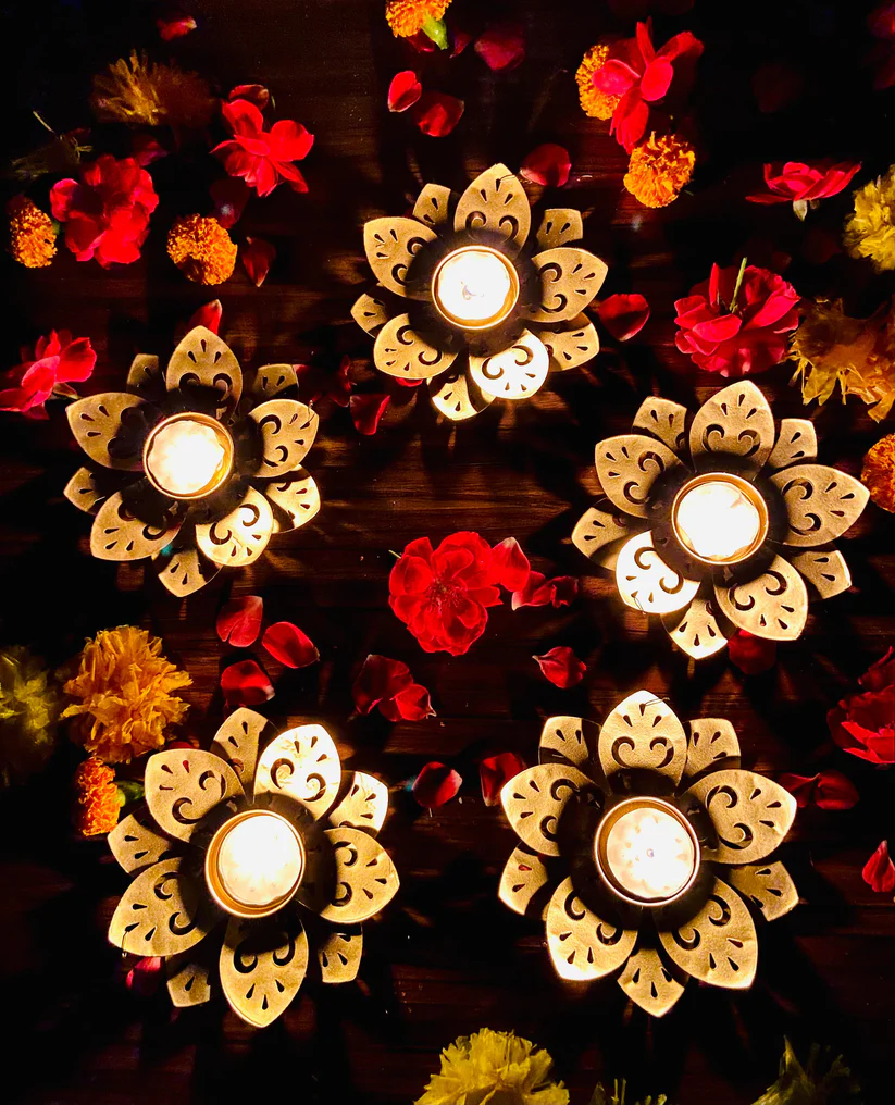Decorative Lotus Metal Diya Set with Tealight Holders | Floral Candle Holders for Diwali Decoration | Festive Home Decor, Rangoli & Pooja Set (Pack of 5)