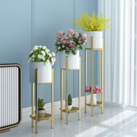 Luxury White & Gold Metal Plant Stand Set of 3 with Bottom Tray | Modern Indoor Planters for Living Room Décor