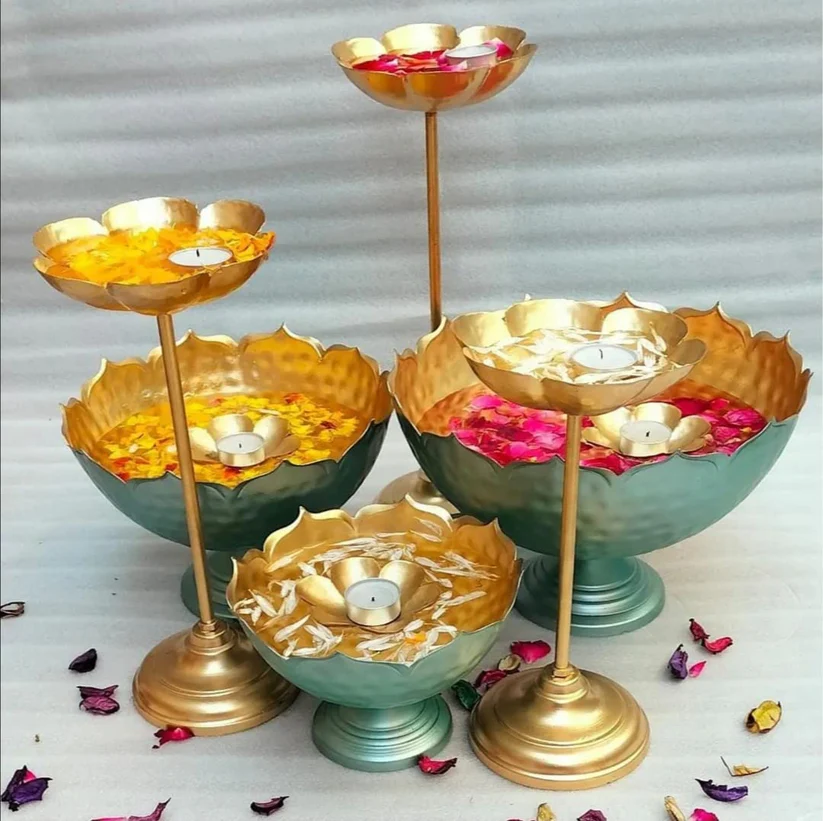 Designer Metal Urli Bowl & Stand Set for Diwali Decoration | Multi-Height Floating Candle Holders with Flower Urli | Festive Home Decor & Table Centerpiece (Set of 5)