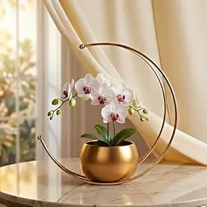 Modern Gold Ring Metal Table Planter with Pot – Decorative Tabletop Planter