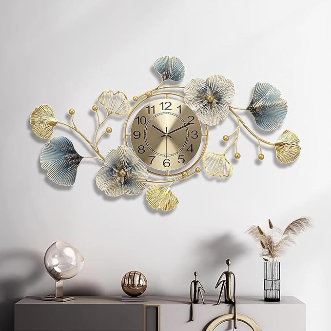 Luxury Metal Floral Wall Clock – Gold & Blue Leaf Designer Wall Clock