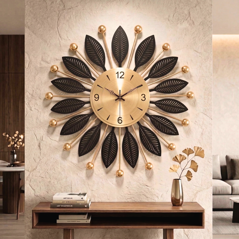 Large Metal Wall Clock for Living Room | Modern Decorative Leaf Design Wall Clock with Gold Finish | Silent Non-Ticking Designer Wall Clock for Home & Office Décor