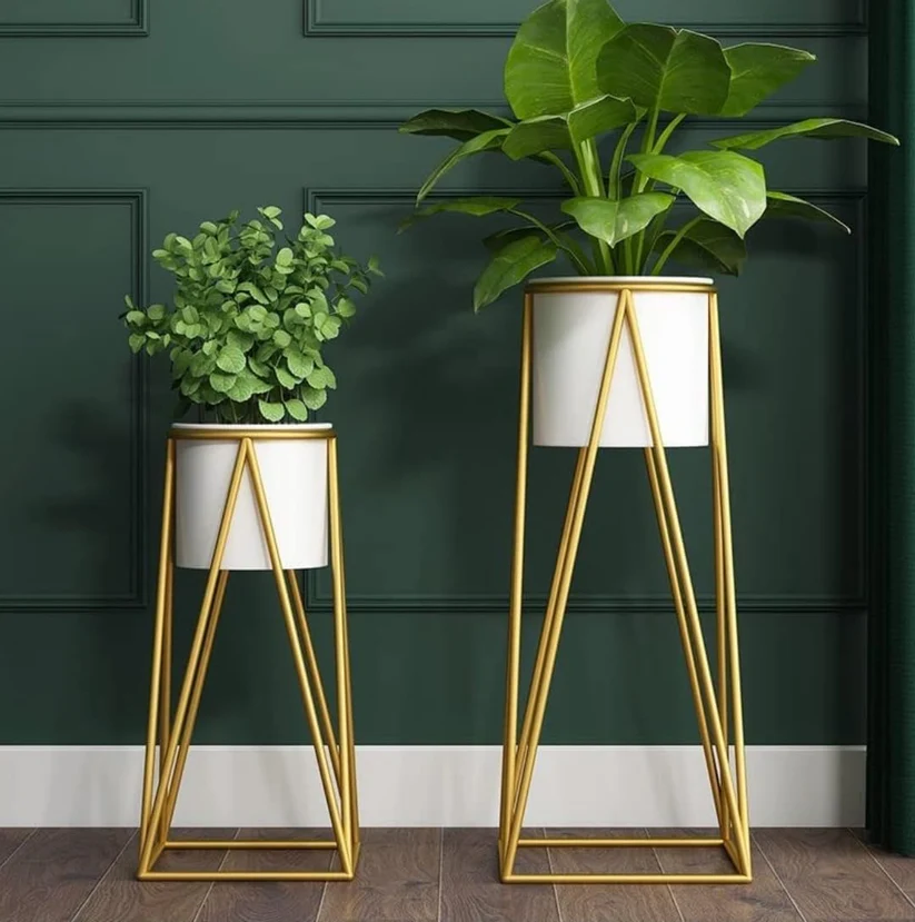 Modern White & Gold Geometric Metal Plant Stand Set of 2 | Luxury Indoor Planters for Living Room Décor