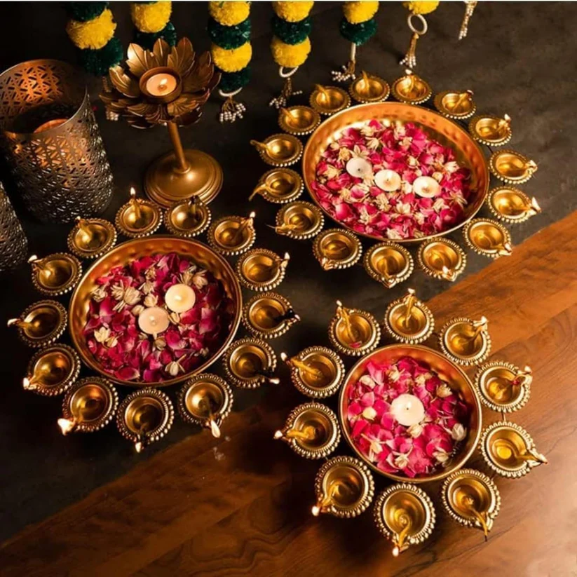 Luxury Metal Urli Diya Set for Diwali Decoration | Floating Flower Bowl with 24 Diyas | Festive Rangoli Decor for Home, Wedding & Pooja Setup