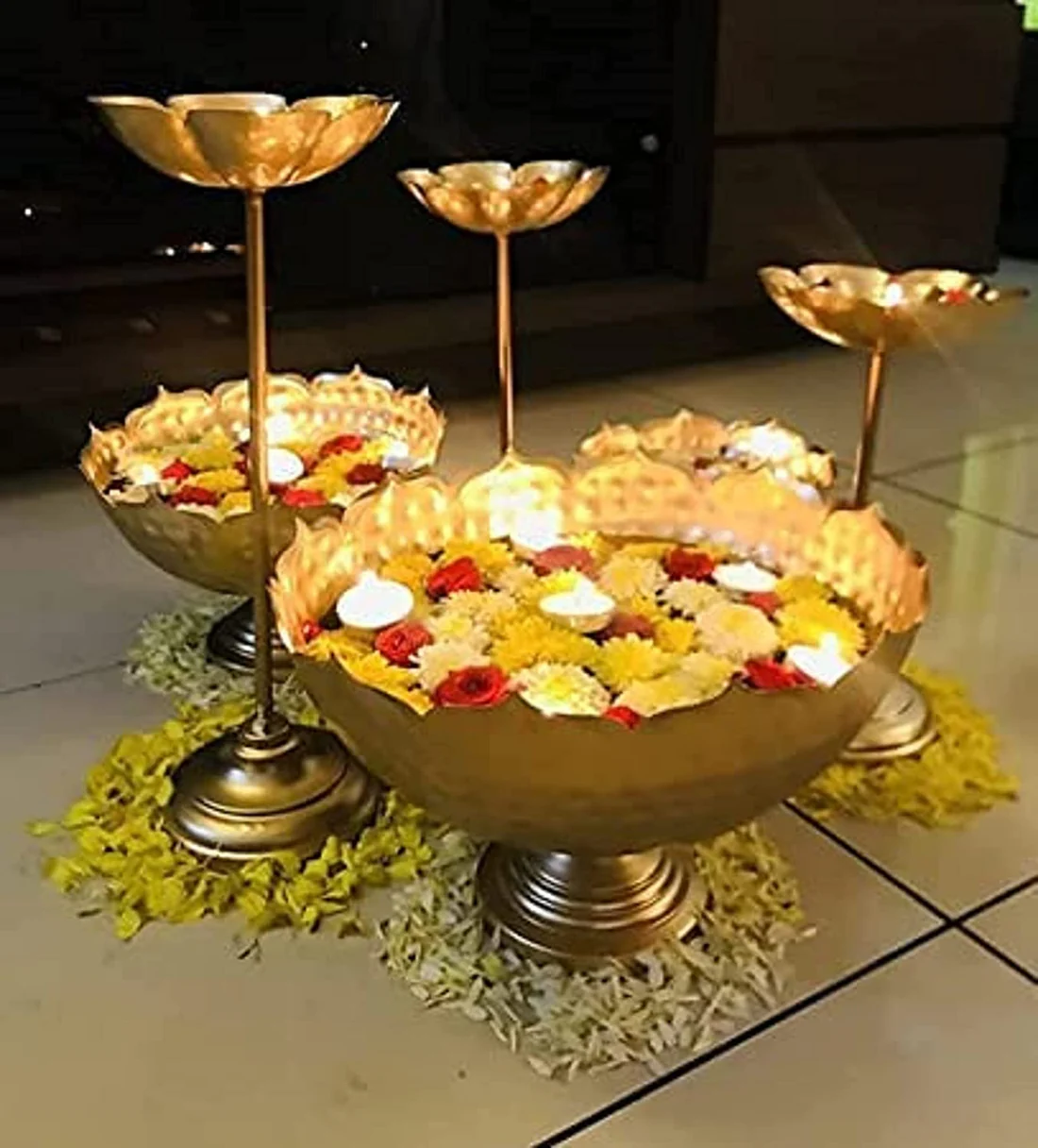 Luxury Metal Urli Bowl Set with Diya Stands | Decorative Floating Flower Urli for Diwali, Pooja & Home Décor