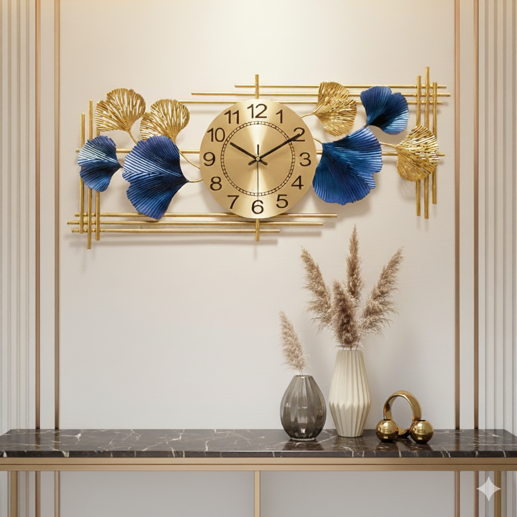 Luxury Horizontal Ginkgo Metal Wall Clock – Gold & Blue Designer Wall Clock