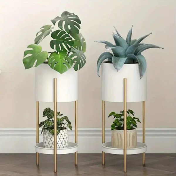 Luxury White & Gold Metal Plant Stand Set of 2 with Bottom Tray | Modern Indoor Planters for Living Room Décor