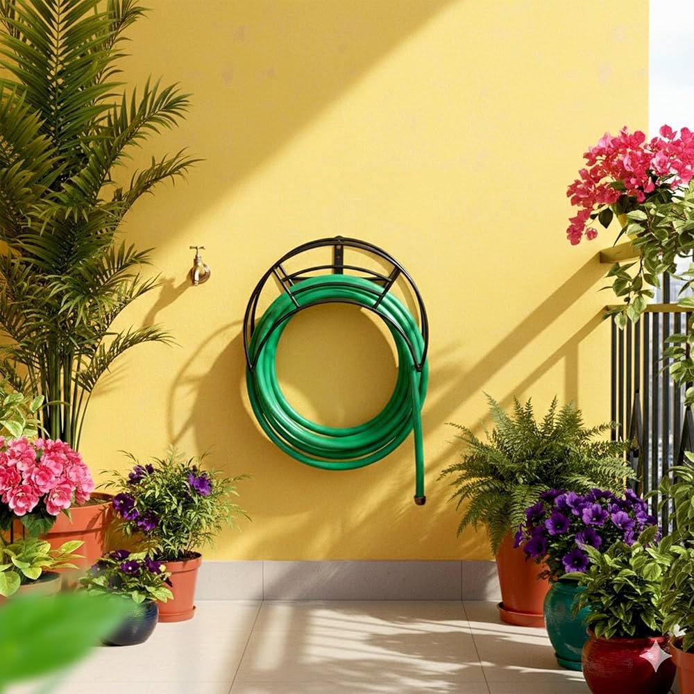 Wall Mounted Metal Garden Hose Holder with Storage Shelf | Heavy-Duty Outdoor Hose Hanger