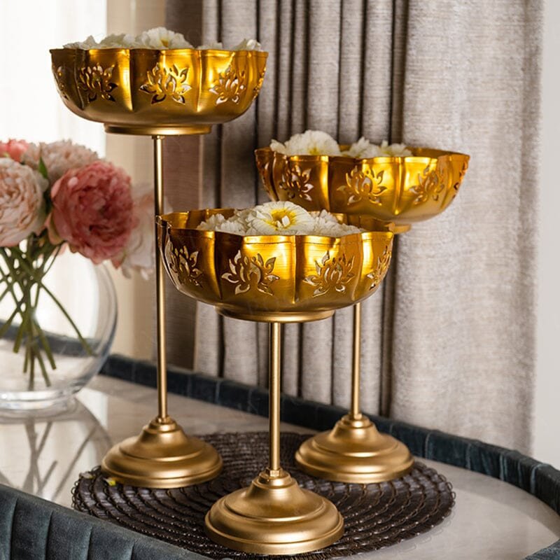 Premium Metal Urli Bowl Stand Set for Diwali Decoration | Elevated Flower Urli with Antique Finish | Festive Table Centerpiece for Home, Wedding & Pooja (Set of 3)