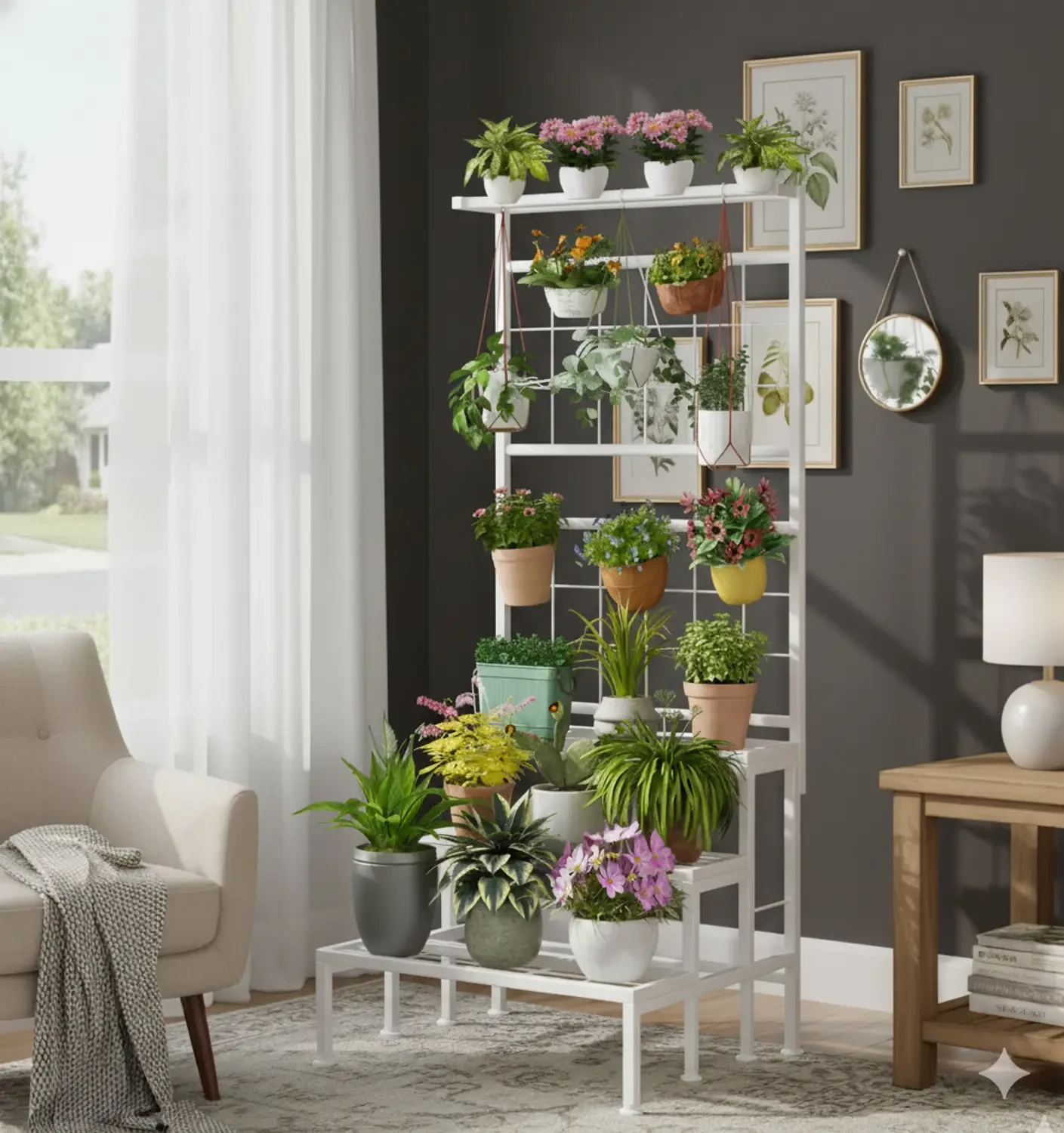 Metal Plant Stand with Hanging Grid | Multi-Level Indoor & Outdoor Flower Pot Display Rack
