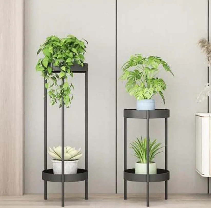Modern Black Metal Plant Stand Set of 2 with Dual Tier Shelf | Indoor Planters for Living Room & Home Décor