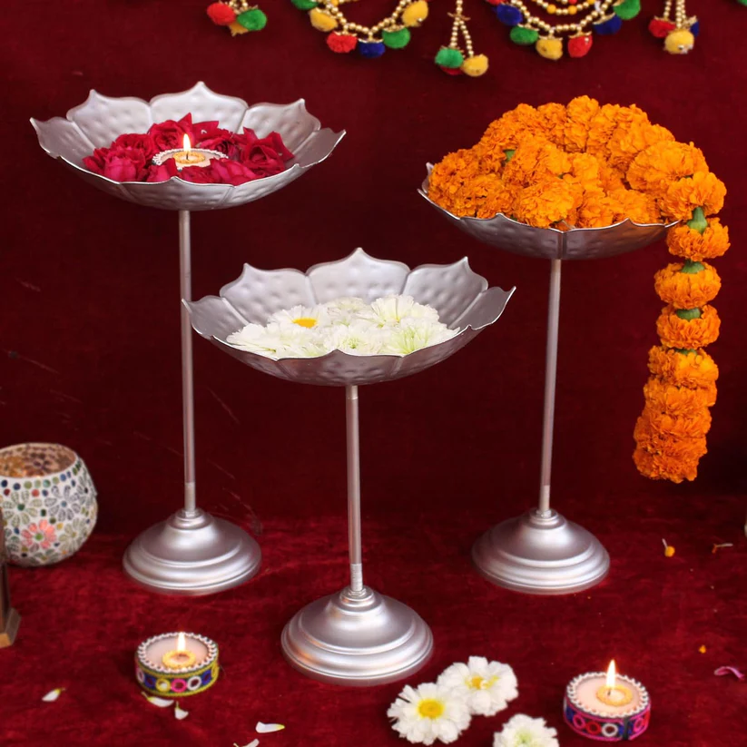 Elegant Metal Urli Stand Set with Lotus Bowls | Floating Flower & Candle Holder for Diwali Decoration | Festive Table Centerpiece for Home, Wedding & Pooja (Set of 3)