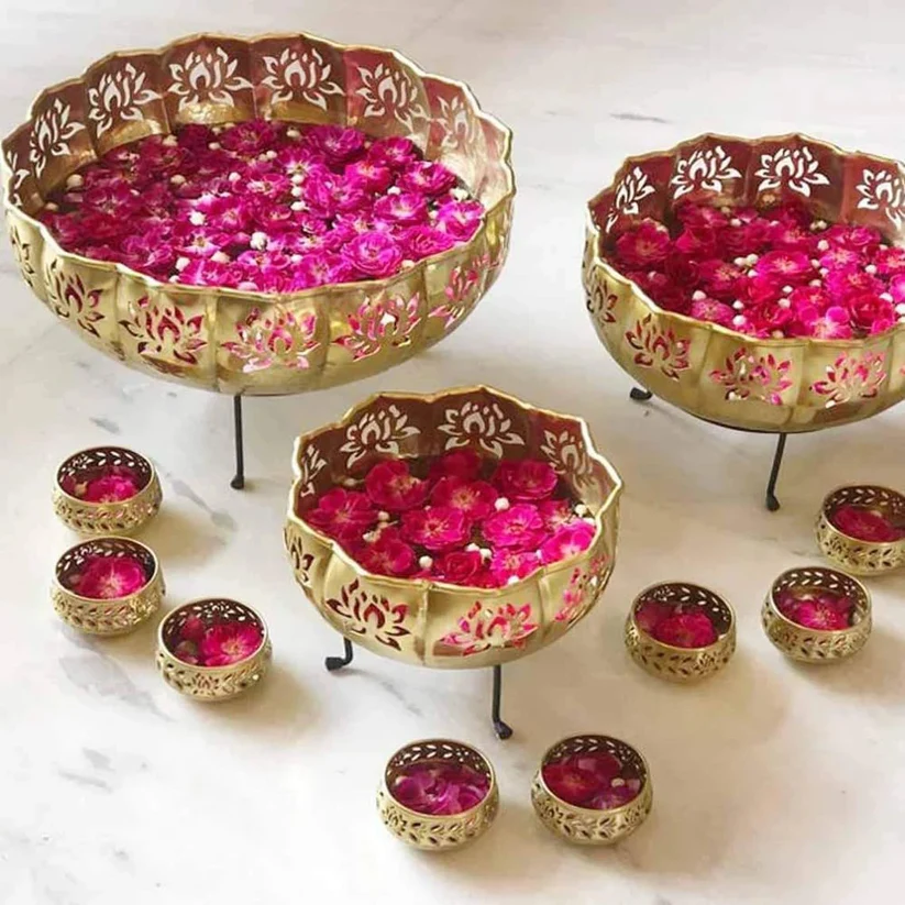 Premium Metal Urli Bowl Set with Diyas for Diwali Decoration | Cutwork Floating Flower Bowls with Tealight Holders | Festive Home Decor, Pooja & Gifting