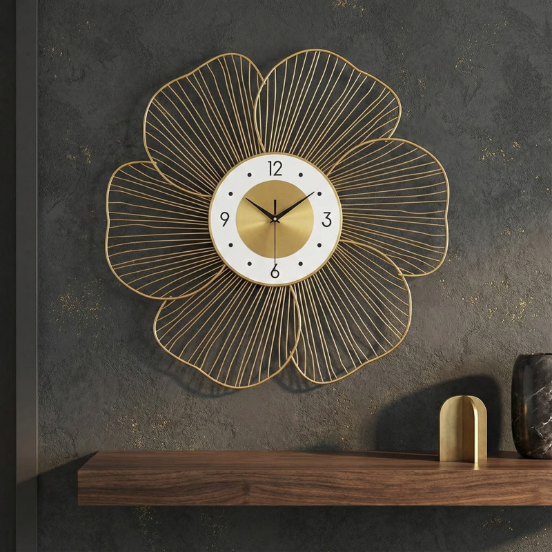 Luxury Floral Metal Wall Clock – Gold Flower Designer Wall Clock