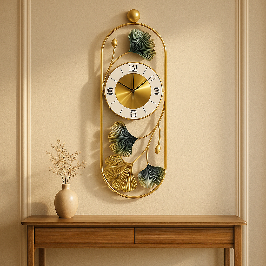 Luxury Vertical Ginkgo Metal Wall Clock – Gold & Green Designer Wall Clock