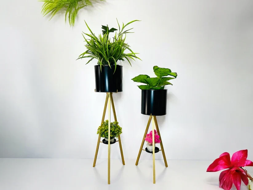 Modern Black & Gold Tripod Metal Plant Stand Set of 2 with Bottom Shelf | Designer Indoor Planters for Home Décor