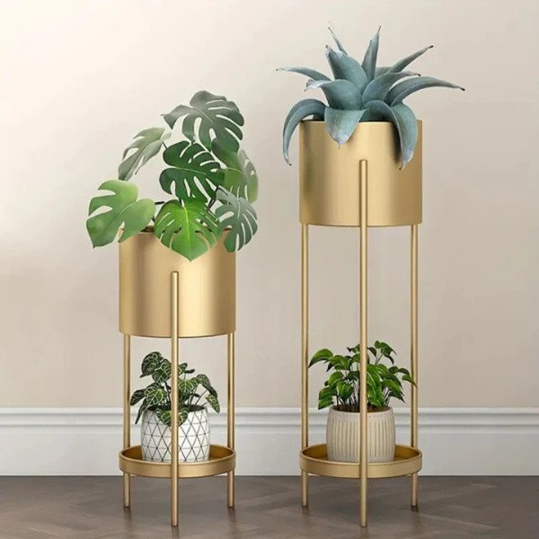 Luxury Gold Metal Plant Stand Set of 2 with Bottom Tray | Modern Indoor Planters for Living Room Décor