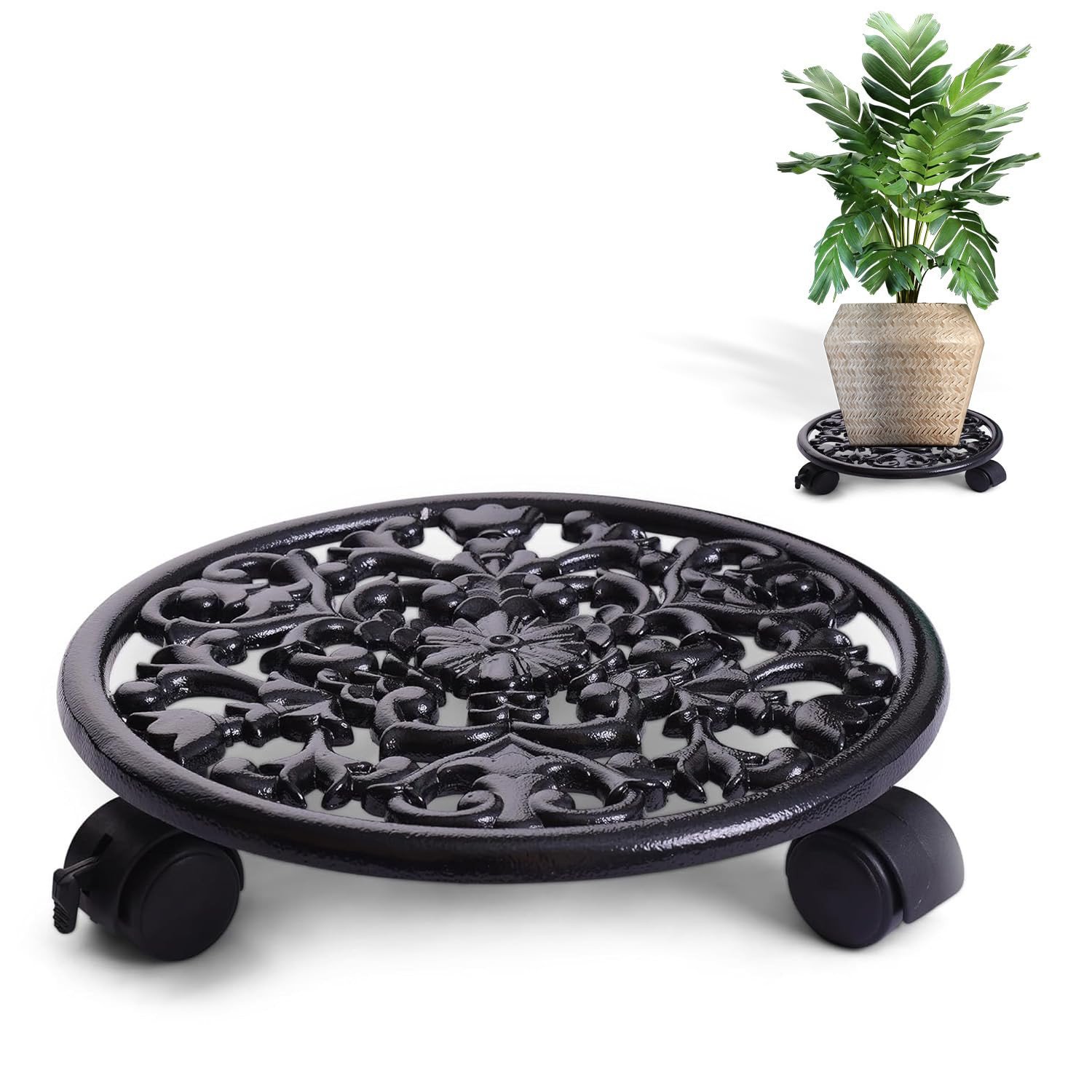 Luxury Ornamental Cast Iron Plant Stand with Wheels | Heavy-Duty Round Rolling Flower Pot Trolley for Indoor & Outdoor Use