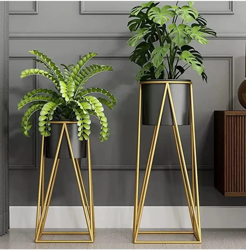 Luxury Black & Gold Geometric Metal Plant Stand Set of 2 | Modern Designer Indoor Planters for Living Room Décor