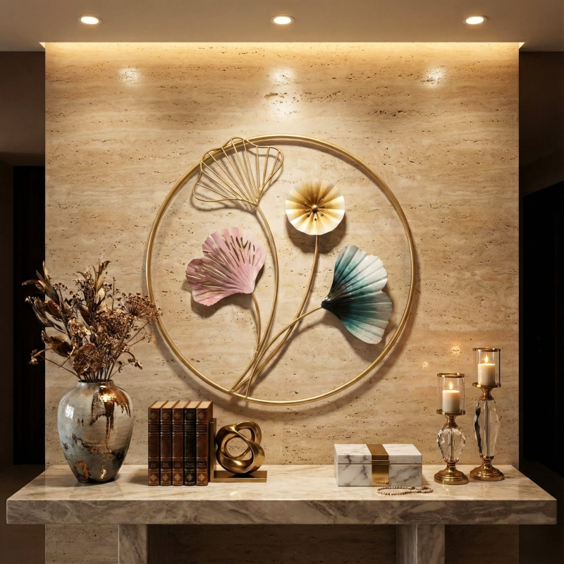 Luxury Multicolor Ginkgo Leaf Round Metal Wall Art – Modern Decorative Wall Hanging