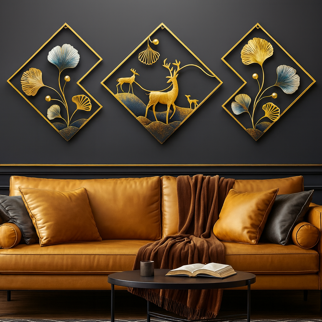 Luxury Metal Wall Art Set of 3 with Deer and Floral Design