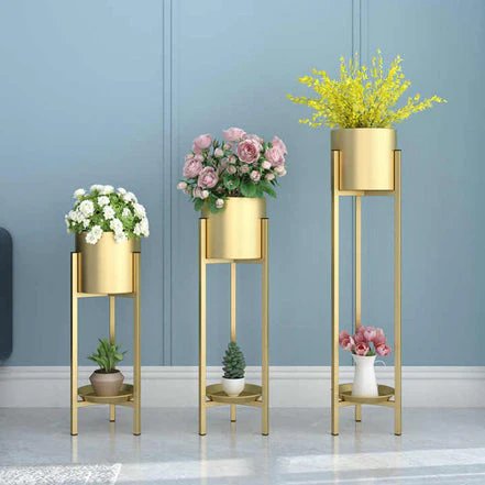 Luxury Gold Metal Plant Stand Set of 3 with Bottom Shelf | Modern Indoor Planters for Living Room & Corner Décor