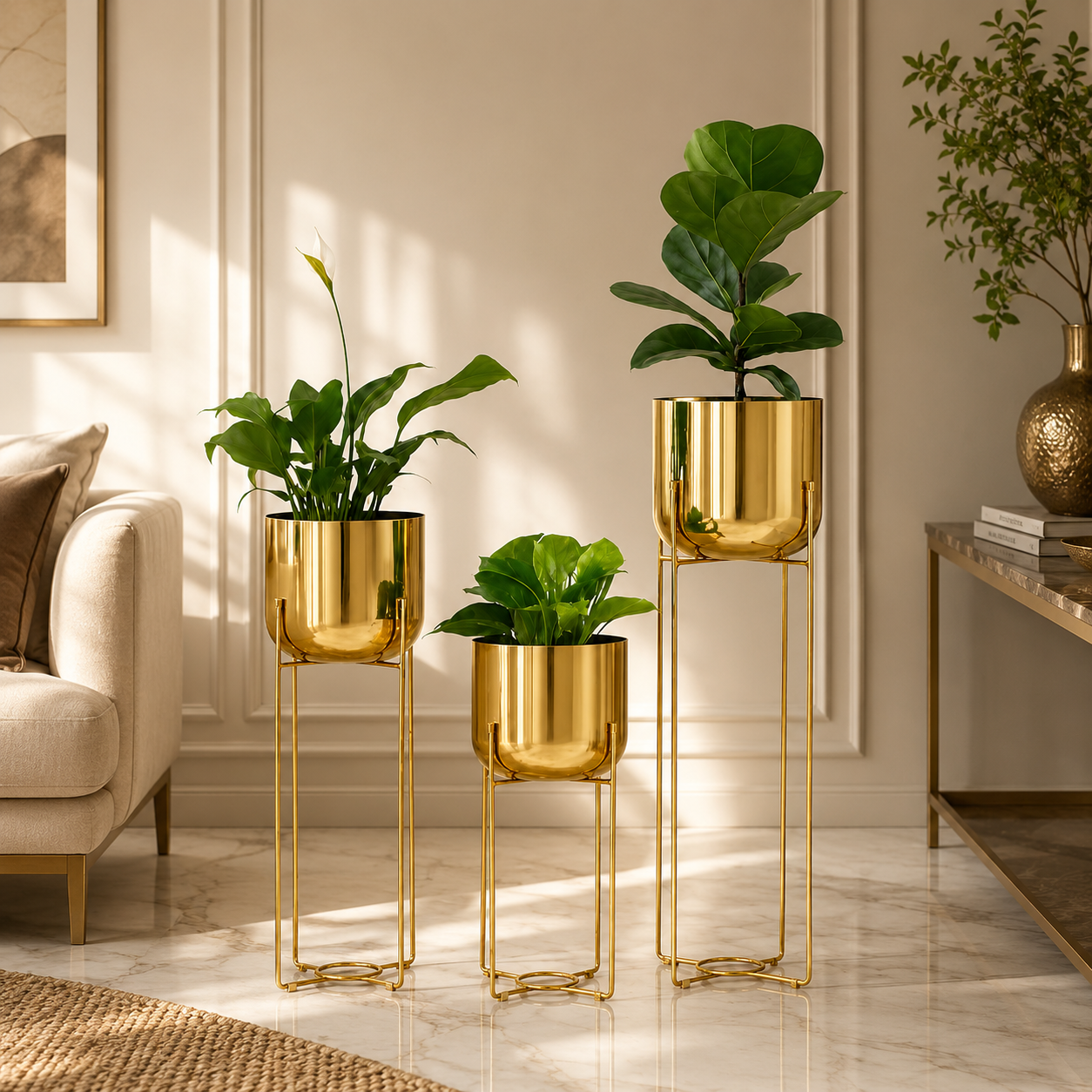 Luxury Gold Metal Planter Stand Set of 3 | Modern Tall Indoor Plant Holders with Black Iron Frame
