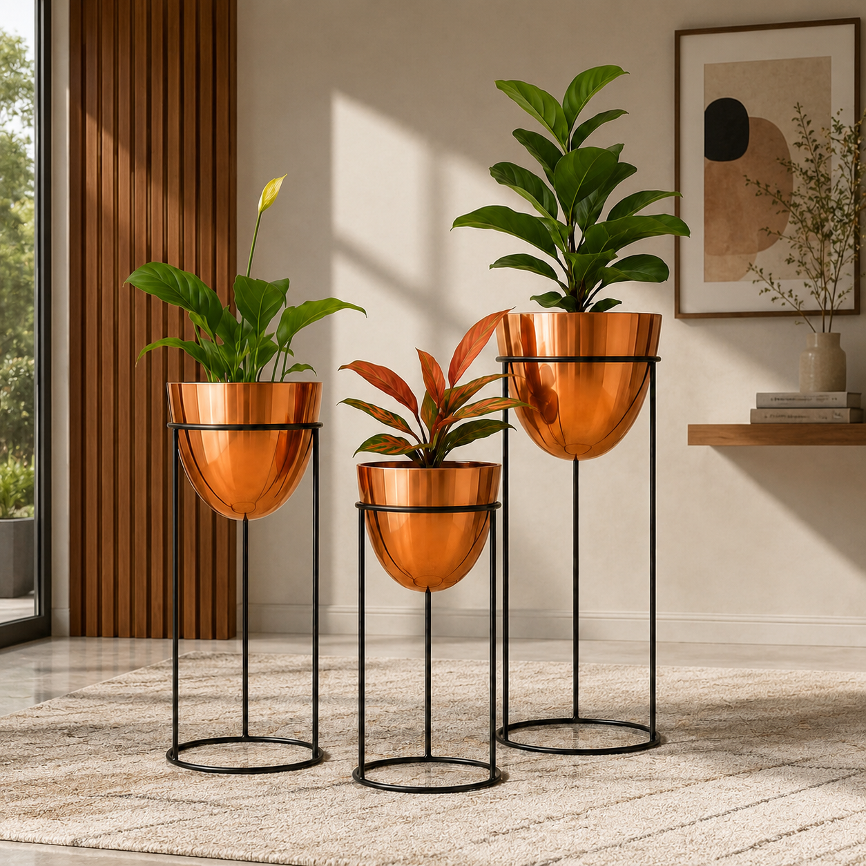 Luxury Gold Metal Planter Stand Set of 3 | Modern Tall Indoor Plant Holders with Black Iron Frame