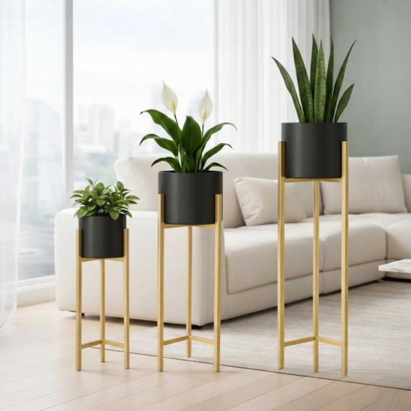 Modern Black & Gold Metal Plant Stand Set of 3 – Elegant Indoor Planter Stands for Living Room & Home Décor