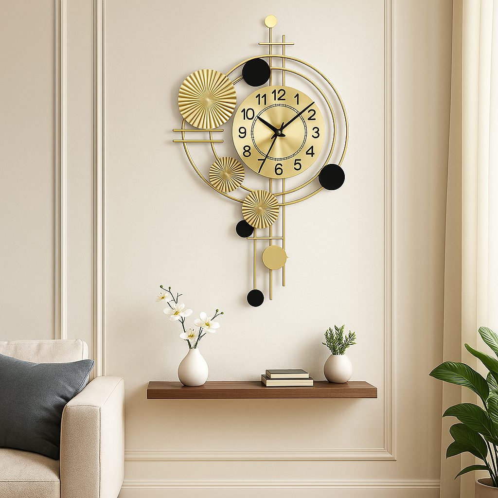 Luxury Geometric Vertical Metal Wall Clock – Gold & Black Modern Designer Clock