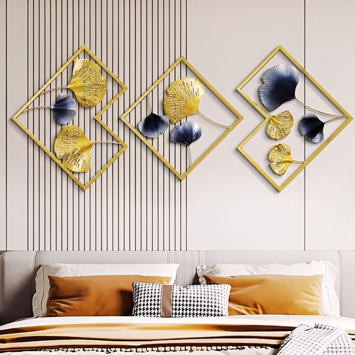 Luxury Ginkgo Leaf Metal Wall Art Set of 3 – Geometric Gold & Blue Designer Wall Décor
