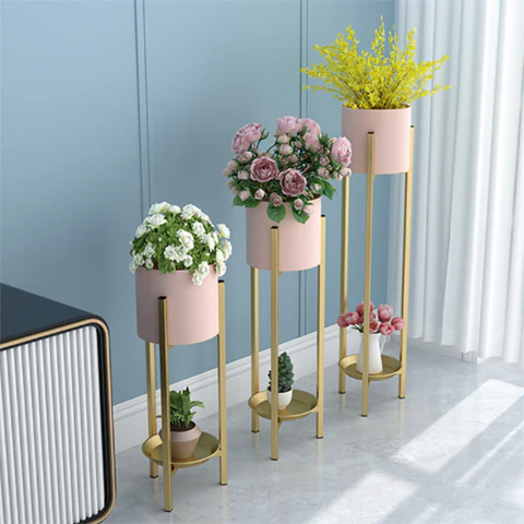 Modern Blush Pink & Gold Metal Plant Stand Set of 3 with Bottom Tray | Luxury Indoor Planters for Living Room Décor