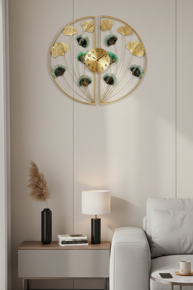 Modern Gold Metal Ginkgo Leaf Wall Clock – Designer Silent Decorative Wall Clock for Living Room, Bedroom & Office