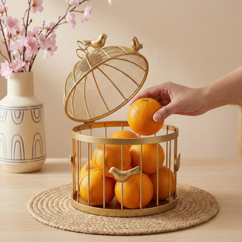 Premium Metal Fruit Basket with Lid – Decorative Bird Design
