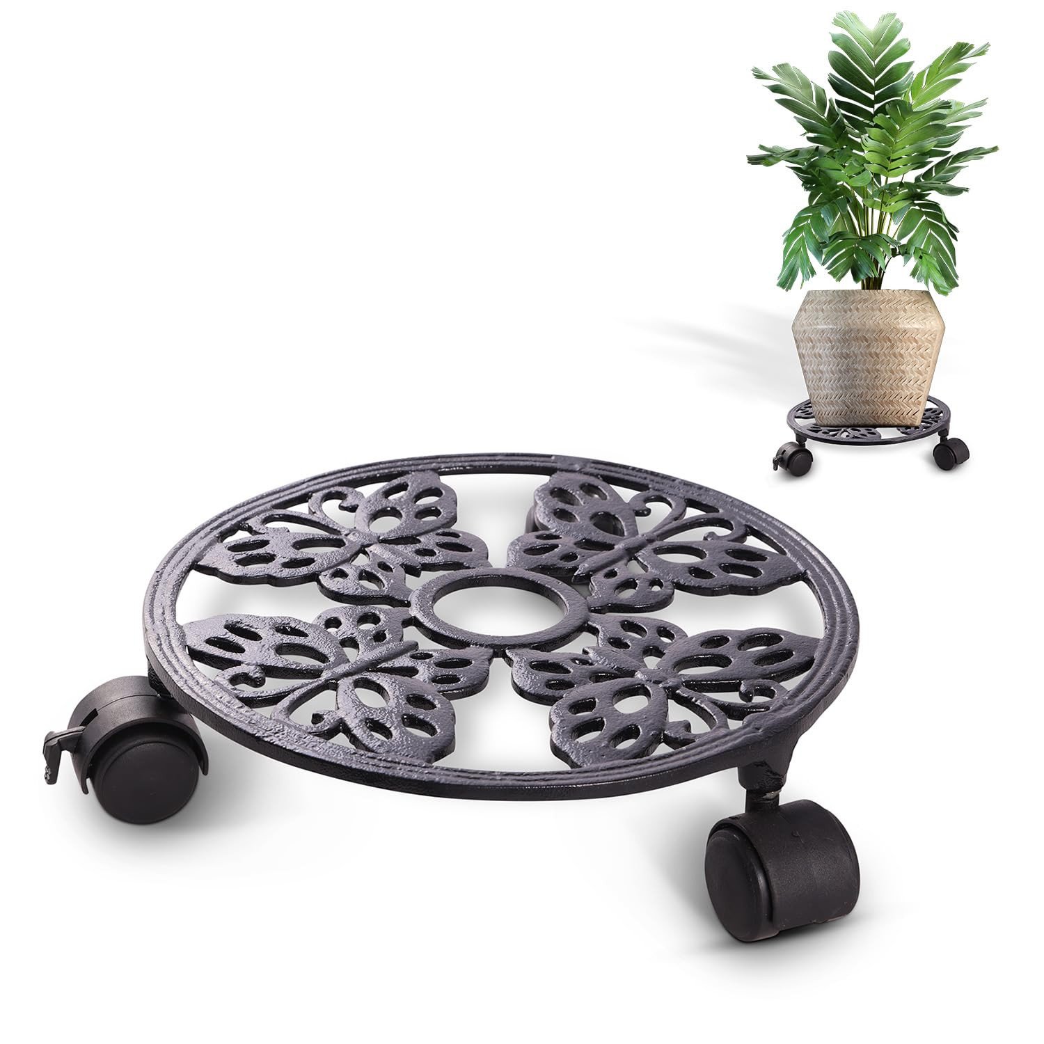 Butterfly Design Cast Iron Plant Stand with Wheels | Decorative Heavy-Duty Rolling Flower Pot Trolley