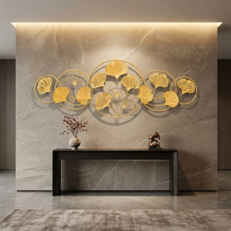 Luxury Golden Ginkgo Leaf Horizontal Metal Wall Art – Large Designer Wall Décor