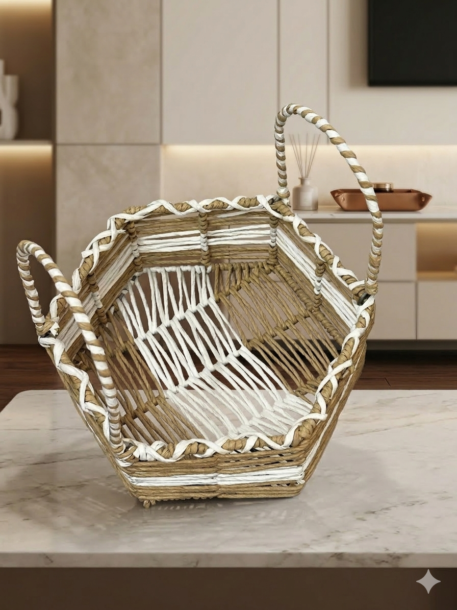 Handwoven Wicker Storage Basket with Handles | Decorative Fruit & Utility Basket for Kitchen, Living Room & Gifting | Natural Rope Organizer