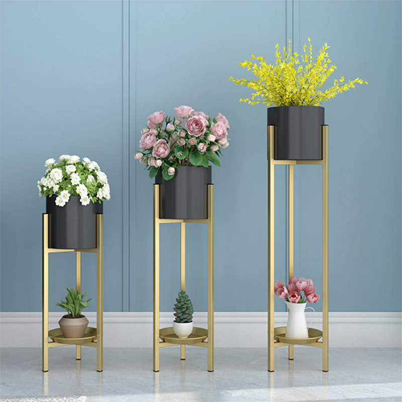 Luxury Black & Gold Metal Plant Stand Set of 3 with Bottom Tray | Modern Indoor Planters for Living Room Décor