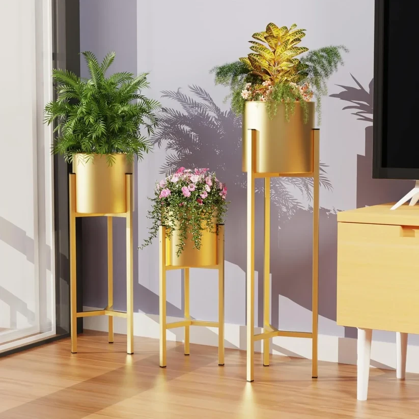 Luxury Matte Gold Metal Plant Stand Set of 3 | Modern Indoor Floor Planters for Living Room & Home Décor