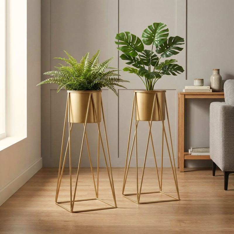 Modern Gold Metal Planter Stand Set of 2 – Tall Indoor Floor Plant Holders