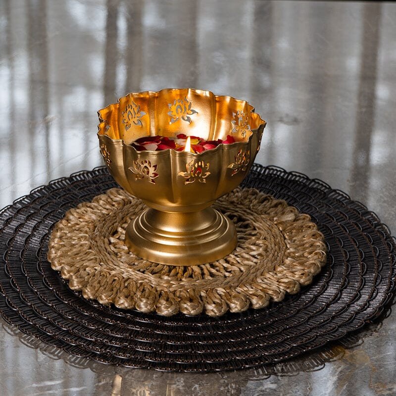 Premium Metal Urli Bowl with Stand & Cutwork Design | Decorative Floating Candle & Flower Holder for Diwali Decoration | Festive Table Centerpiece for Home & Pooja