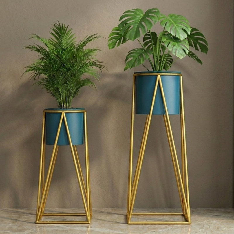 Teal Blue & Gold Metal Planter Stand Set of 2 – Modern Tall Indoor Floor Planters
