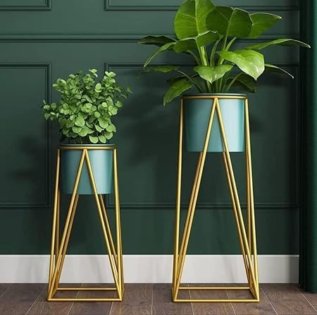Modern Teal & Gold Geometric Metal Plant Stand Set of 2 | Designer Indoor Planters for Living Room Décor