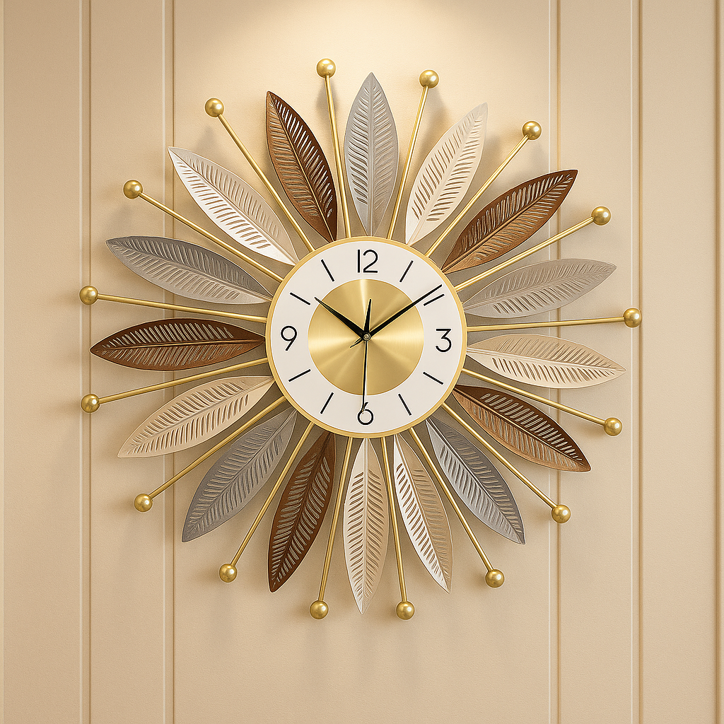 Luxury Metal Leaf Sunburst Wall Clock – Multicolor Gold Finish