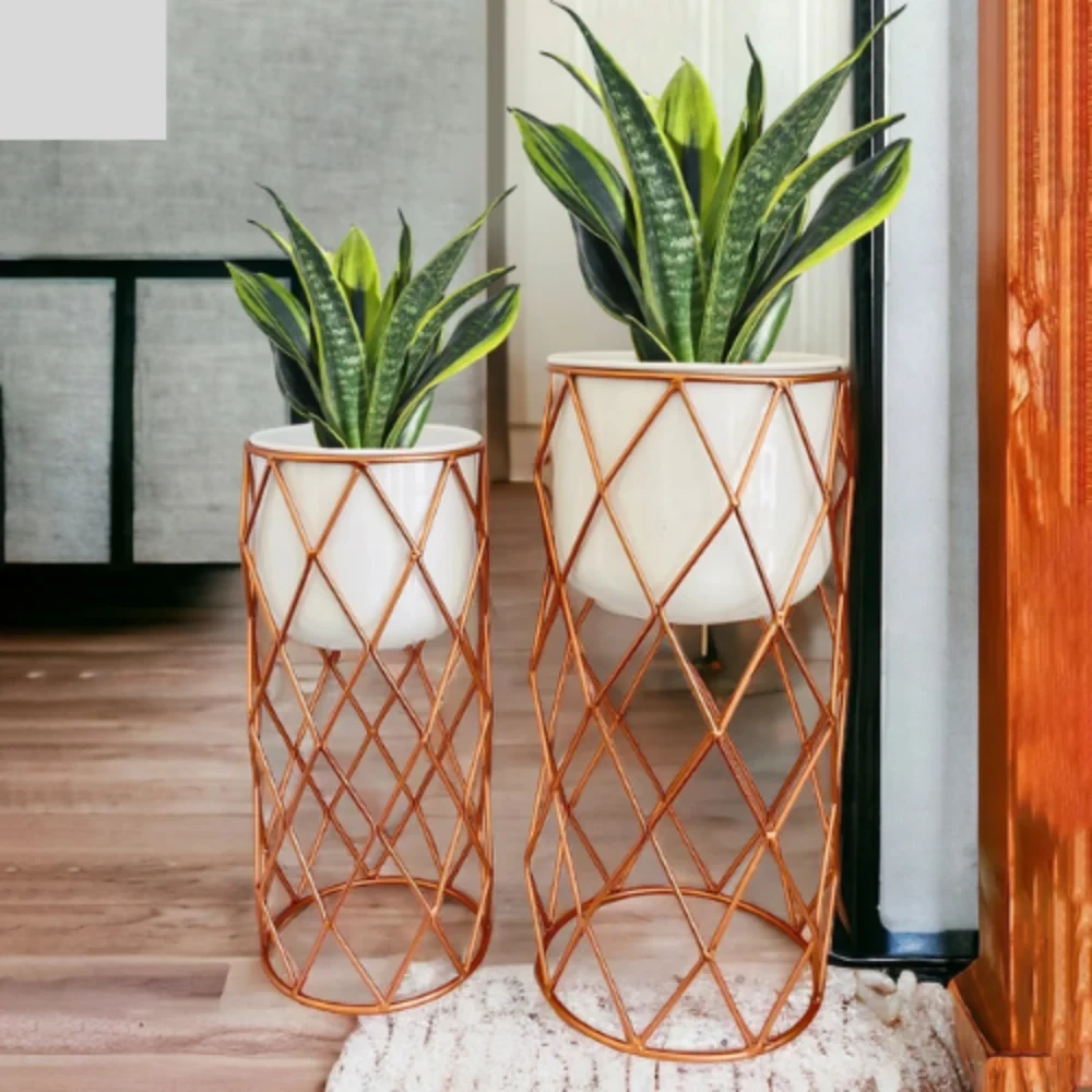 Geometric Gold Metal Planter Stand Set of 2 | Modern Decorative Indoor Plant Holders with Ceramic Pots