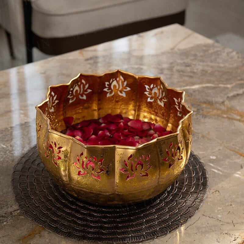 Decorative Metal Urli Bowl with Cutwork Design | Floating Candle & Flower Urli for Diwali Decoration | Festive Table Centerpiece for Home, Pooja & Gifting